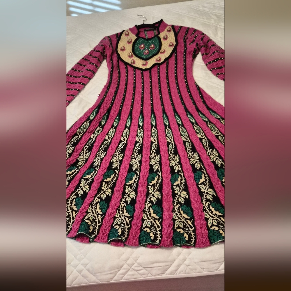 Elegant Heavy Knit Pink and Green Long Sleeve Dress